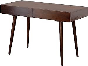 The Urban Port Tup 186126 Mango Wood Writing Desk with Two Drawers and Tapered Legs, Brown