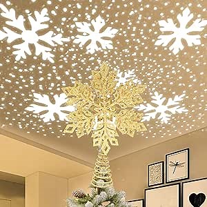 Christmas Tree Topper,Snowflake Projector Lights for Xmas Holiday Party Gift Décor (Bronze gold)