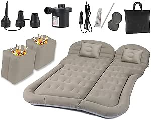 Inflatable Car Mattress for Comfortable Travel and Rest Car Air Mattress Camping Bed Cushion Pillow with Air Pump Portable Sleeping Pad Mattress, Grey, Full