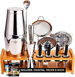 Cocktail Shaker Set 18 Piece, Mixology Equipment, All-in-One Cocktail Set, Drink Shaker, Strainers and Essential Bar Tools, Bar Set for Beginner & Professional Use, Silver - WinterCastle Enterprises