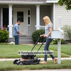 A man was in his front yard mowing the grass when his blonde neighbor stepped out of her house and walked straight to the mailbox. She opened it, looked inside, slammed it shut, and stormed back inside. A few minutes later, she came out again, marched to the mailbox, opened it, and once again slammed it shut before stomping back into the house. As the man finished mowing and was about to start edging the lawn, she appeared a third time, looking even more frustrated. She stomped over to the mailb