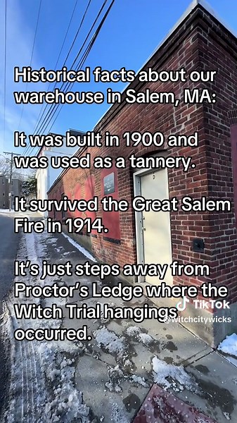 A little history about our warehouse: located in Gallows Hill the building was built in 1900 as one of the biggest tanneries in Salem. It survived the Great Salem Fire of 1914. It’s located mere steps away from Proctor’s Ledge, which was recently discovered to be the location of the hangings that occurred during the Salem Witch Trials. #salemma #proctorsledge #gallowshill #witchcitywicks #salemhistory