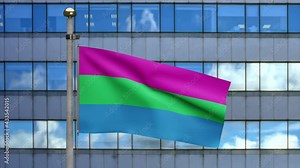 Video Stock 3D Polysexuality flag waving on wind at modern city. Polysexual banner blowing, soft and smooth silk. Cloth fabric texture ensign background. Use it for pride gay day and events concept.-Dan