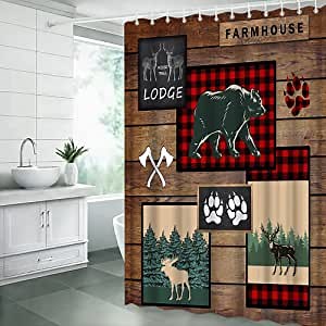 Cabin Shower Curtain Bear Deer Moose Rustic Lodge Vintage Wooden Board Wild Animal Farmhouse Outdoor Safari Camper Fabric Curtain Sets with Hooks,Brown
