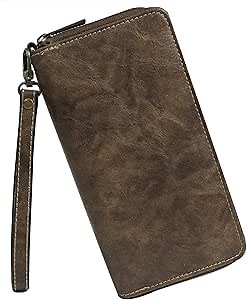 RFID Blocking Double Zipper Long Clutch Wallet Cellphone Wallet for Women with Hand Strap for Card, Cash, Coin, Bill (smoke grey)