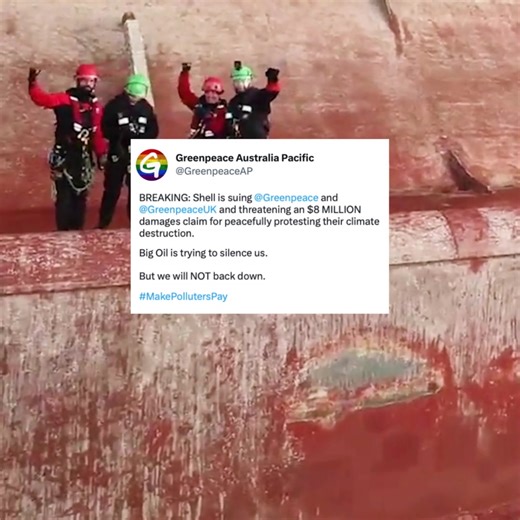 Shell is suing Greenpeace International and Greenpeace UK and threatening an $8 MILLION damages claim for peacefully protesting their climate destruction ❌ They are a huge multi-billion dollar corporation trying to intimidate us, but we are a movement of people determined to fight for a livable planet 🌏✊ Together we can fight the court case and put pressure on Shell to stop drilling and start paying for their climate damage! | Greenpeace Australia Pacific