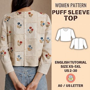 Puff Sleeve Top Sewing Pattern PDF, Button Back Blouse, 3/4 Sleeve, XS-5XL - Etsy Canada