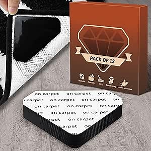 JEEREE Gripper for Rug for Hardwood Floors, 12 PCS Anti Curling Rug Tape Rug Stickers Non Slip Washable Carpet Tapes Rug Corner Grippers for Area Rugs and Tile