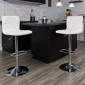 EMMA + OLIVER Button Tufted White Vinyl Adjustable Height Barstool