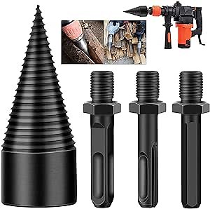 Alecko Firewood Log Splitter, 3pcs Drill Bit Removable Cones Kindling Wood Splitting logs bits Heavy Duty Electric Drills Screw Cone Driver Hex + Square + Round 32mm/1.26inch, black