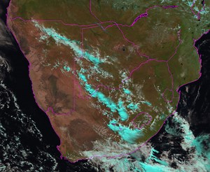 Afternoon satellite image showing showers and thundershowers over the central and eastern parts of the country today (09-04-2023). | South African Weather Service