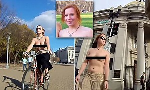 Bare-chested bike rider Chelsea Covington zips around DC