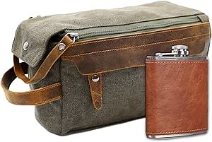 EURYNOME Men's Toiletry Bag and Flask/Leather and Canvas Travel Toiletry Bag Dopp Kit for Men, Groomsmen Gifts