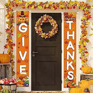 LOVESTOWN Thanksgiving Front Porch Banner, 72 inches GIVE THANKS Hanging Banner Thanksgiving Door Decorations Autumn Pumpkin Maple Leaf Porch Sign for Fall Party Home Yard Indoor Outdoor Wall Docor