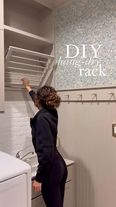 DIY Laundry Hang-Dry Rack! Full tutorial in highlights 🫶🏼 Wall color: Perfect Greige by Sherwin Williams Wallpaper: Linnea Misty Blue by Sandberg Wallpaper #laundryroom #laundryroommakeover #laundryroomorganization #diyhomeprojects #diyproject | Hand Makes Home