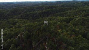 Tater Knob Fire Tower overlooks hills in Morehead, Kentucky, aerial