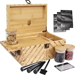 Bamboo Box with Lock Storage Stash Box Set, Engraving Decorative Box with Handle (Skull)