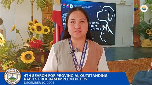 WATCH: The Albay Veterinary Office hosts the 4th Search for Provincial Outstanding Rabies Program Implementers Awards Ceremony on December 10, 2025, at the Farmer’s Auditorium, AFB Ville, Cabangan, Camalig, Albay. The event aims to recognize barangay and local government units for their initiatives to eradicate rabies in their community. Barangay Orosite (Legazpi City) and the Local Government Unit of Legazpi are hailed as champions in the barangay and LGU categories, respectively. LGuazon, Alba