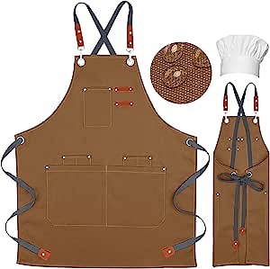 Aprons for Men Women Cooking Chef Apron with Pockets Free Chef hat Durable Cotton Canvas Waterproof Soft Grilling Apron 7 Pockets+ Quick Release Buckle+ Cross Back Adjustable (Khaki)