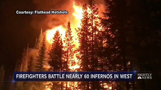 WILDFIRES IN THE WEST: Nearly 60 major wildfires are raging across the West, forcing thousands to evacuate and destroying dozens of homes in states like California, Oregon, Washington, Idaho, Montana, Nevada and Arizona. | NBC Nightly News with Tom Llamas