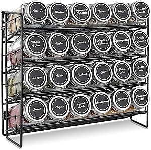 Semlos 4-Tier Spice Rack Organizer, Metal Spice Jars Organiser for Kitchen, Dining Room, Bathroom, Outdoor Use, Black, Carbon Steel, Countertop, Under Cabinet, Wall Mount