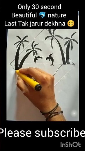 "How to draw sunset beach scene| two dolphins and palm trees pencil sketch"