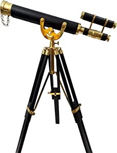 Nautical Desktop Brass & Leather Telescope – Anchor‑Master Design, Standing Decorative Maritime Decor in Black & Brass Finish for Home Office