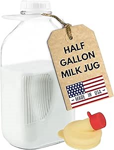KitchenToolz Glass Milk Jug 64 oz – Half Gallon Jar with Lid and Silicone Pour Spout – Made in USA Water Jug – Milk Jugs with Lids – Reusable Bottles 64 oz