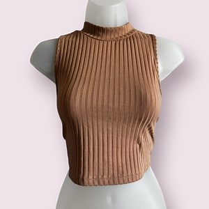 SHEIN Tan Ribbed Crop Top - High Neck Sleeveless Basic, Size L