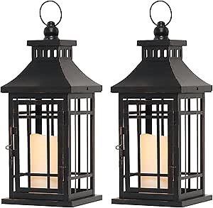 Set of 2 Fall LED Candle Lantern Decorative Indoor & Outdoor, 11" Fall Hanging Lanterns with LED Candles, Metal Outdoor Lanterns for Patio Front Porch Table Fall Christmas Spring