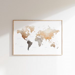 Watercolor World Map Art in Earth Tones. Gift for Travelers - Etsy UK