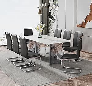 Glass Dining Table Set for 6,71" Kitchen Table Set with Faux Marble Top & Chrome Legs,White Dining Room Table and Chairs Set,Modern Dining Room Table Set with Chairs,7 Piece White Dining Table Set