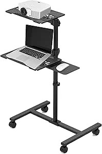 Swivel Tilt Laptop Desk, Height Adjustable Portable and Rolling Desk with Both Foot Pads and Wheels, Mobile Computer Cart with Mouse Pad for Home, Office,Workshops(Double Trays)