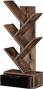 FUSUNBAO 5-Tier Tree Bookshelf with Drawer,Wooden Bookcases Storage Rack for CDs/Magazines/Books,Rustic Brown Bookcase,Utility Organizer Shelves for Living Room,Bedroom,Home Office