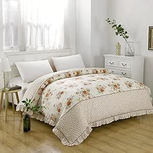 French Countryside Chic Bedding Set Shabby Floral Printed Ruffled Duvet Cover and Lotus Edge Pillowcases (Beige, Queen)