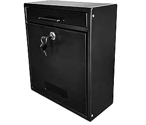 FixtureDisplays® Black Outdoor Drop Box Locking Drop Box, Wall Mounted Mailbox, Suggestion Box 11119-BLACK-NPF-SL