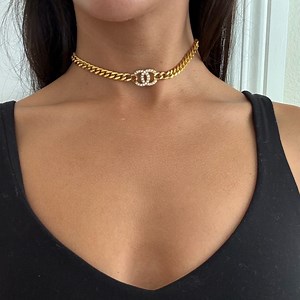 Chanel Gold Metal Crystal CC Curb Chain Choker Necklace