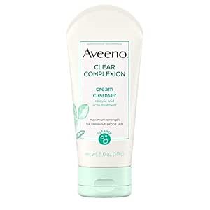Aveeno Clear Complexion Cream Facial Cleanser with Salicylic Acid Acne Medicine, Face Wash with Soy Extract for Breakout Prone Skin, Hypoallergenic & Oil-Free, 5 fl. oz