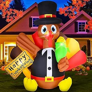 5FT Inflatable Turkey with Bright LED Lights, Fall Blow Up Turkey, Happy Thanksgiving Inflatable for Outdoor Yard Decorations (Black Turkey)