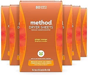 Method Dryer Sheets, Ginger Mango, Fabric Softener and Static Reducer, Compostable and Laundry Essentials, 80 Count (Pack of 6)