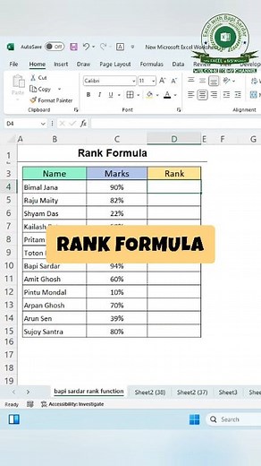RANK FORMULA | How to Apply RANK Formula in Microsoft Excel 📊💻🔍 #excel #exceltips #exceltricks #exceltutorial #spreadsheet #excelfunction #data #shorts #rankformula #ranking #rankfunction #fbviral | learn Excel with Bapi Sardar