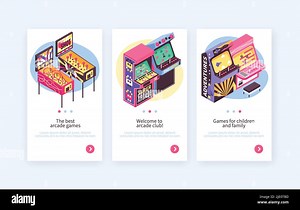 Retro pinball video redemption arcade game machines children adult entertainment 3 isometric vertical banners set vector illustration Stock Vector Image & Art - Alamy
