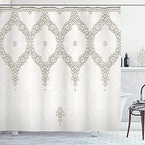 Ambesonne Moroccan Shower Curtain, Ornate Background Traditional Soft Color Eastern Elements and Pattern, Cloth Fabric Bathroom Decor Set with Hooks, 69" W x 75" L, White Umber Camel