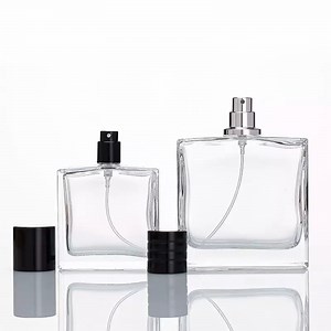 [Hot Item] Empty Square Transparent 50ml 100ml Refillable Glass Perfume Spray Bottle with Black Cap