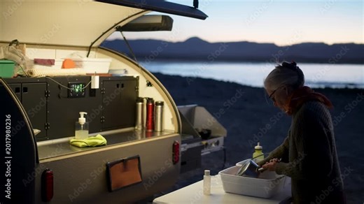 A mature woman washes dishes at her teardrop camper on the beach in Baja California as the sun sets over the ocean.