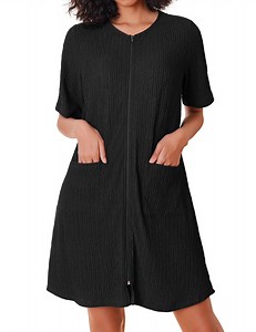 Ekouaer Women Zipper Robe Short Sleeves House Dress Knit Short Bathrobe Sleepwear with Pockets Housecoat Nightgown