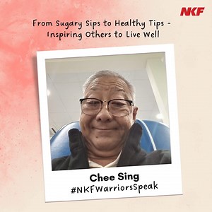Hello, I'm Chee Sing, and I learned the hard way just how crucial it is to take care of my health. My journey with kidney failure began due to diabetes, a consequence of overconsuming sugary drinks. Since then, I've learned how vital it is to manage my health, so now I keep an eye on my fluid and sugar intake with my reliable 500ml thermal flask and encourage other patients to do the same. Outside of dialysis, I channel my creativity into projects that help to promote healthier diets to prevent 