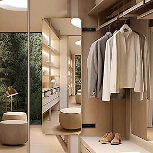 Niccy 44" x14 Closet Mirror with Aluminium Frame Built-in Sliding Full-Length Mirror Rounded Corners, Invisible Rotating Wall Mounted Dressing Mirror for Inside The Cabinet, Gold