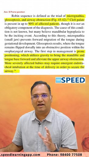 👶 Understanding Pierre Robin Sequence in Infants 👶 The first line management for an infant with Pierre Robin Sequence involves ensuring a clear airway. This is crucial for preventing breathing difficulties that can arise due to the condition. 🏥✨ "In managing Pierre Robin Sequence, securing the airway is the top priority. This can be achieved through prone positioning or nasopharyngeal airway placement." – Dr. K. Vinayak Senthil, M.Ch (CTVS) At SPEED Medical Group, we're dedicated to providing