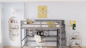 Loft Bed with Stairs Full Size, Wood Loft Bed with Desk and Storage Shleves, High Loft Bed Frame with Steps for Adults and Kids, Gray